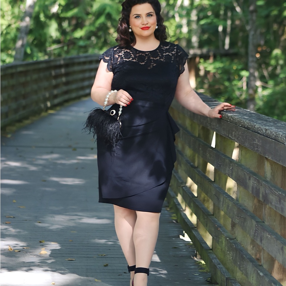 🖤 Knitee Black Lace Midi Dress w/ Ruffle Detail – Vintage Pinup Elegance (XXL) 🖤